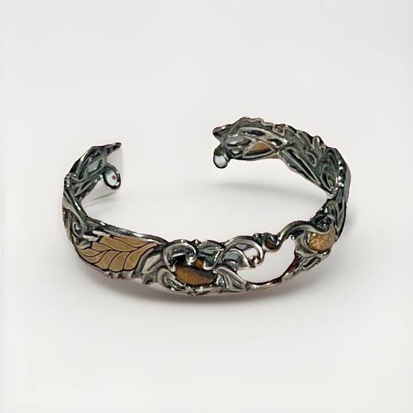 Artisan Brass & Sterling Silver Leaf Cuff Bracelet Jasper Tiger’s Eye Onyx 28g